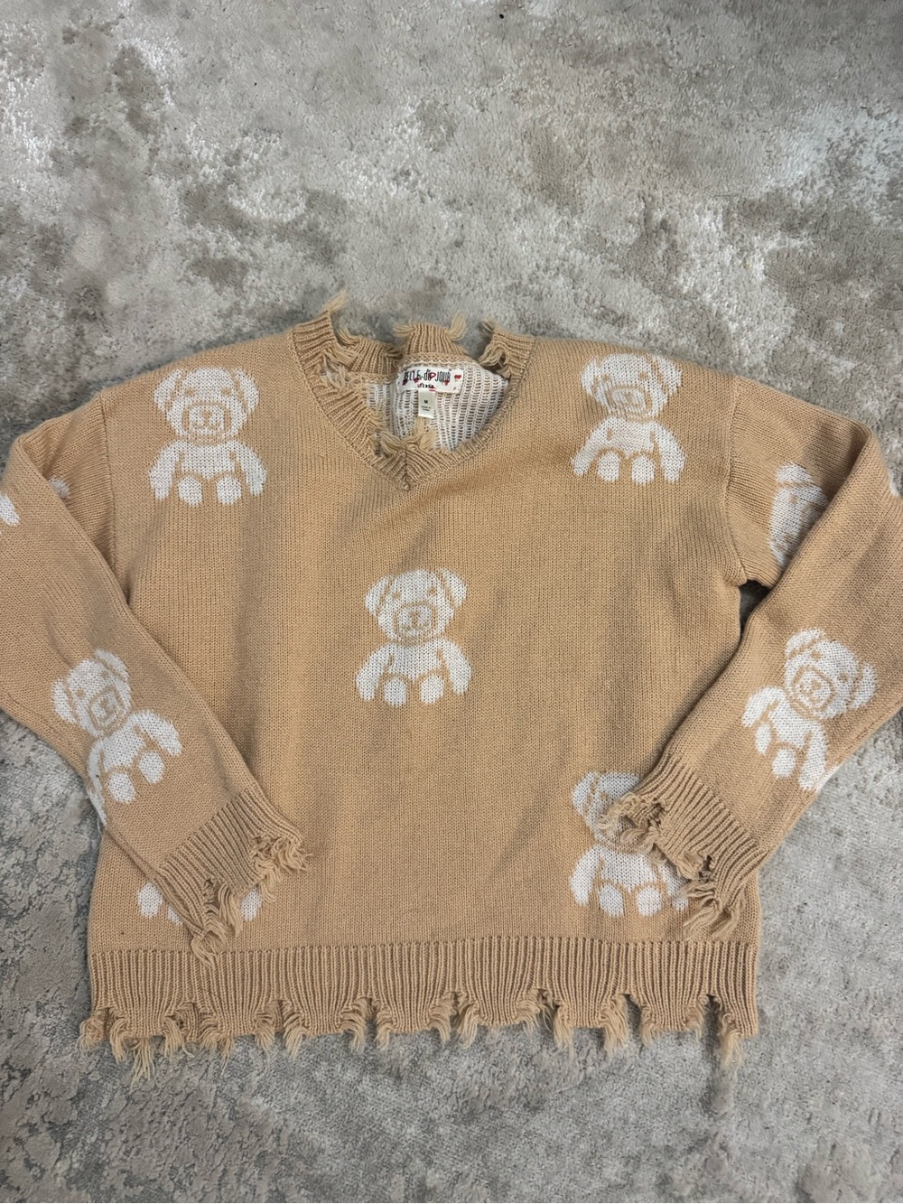 Beige Teddy Intarsia Fringe V-Neck Sweater